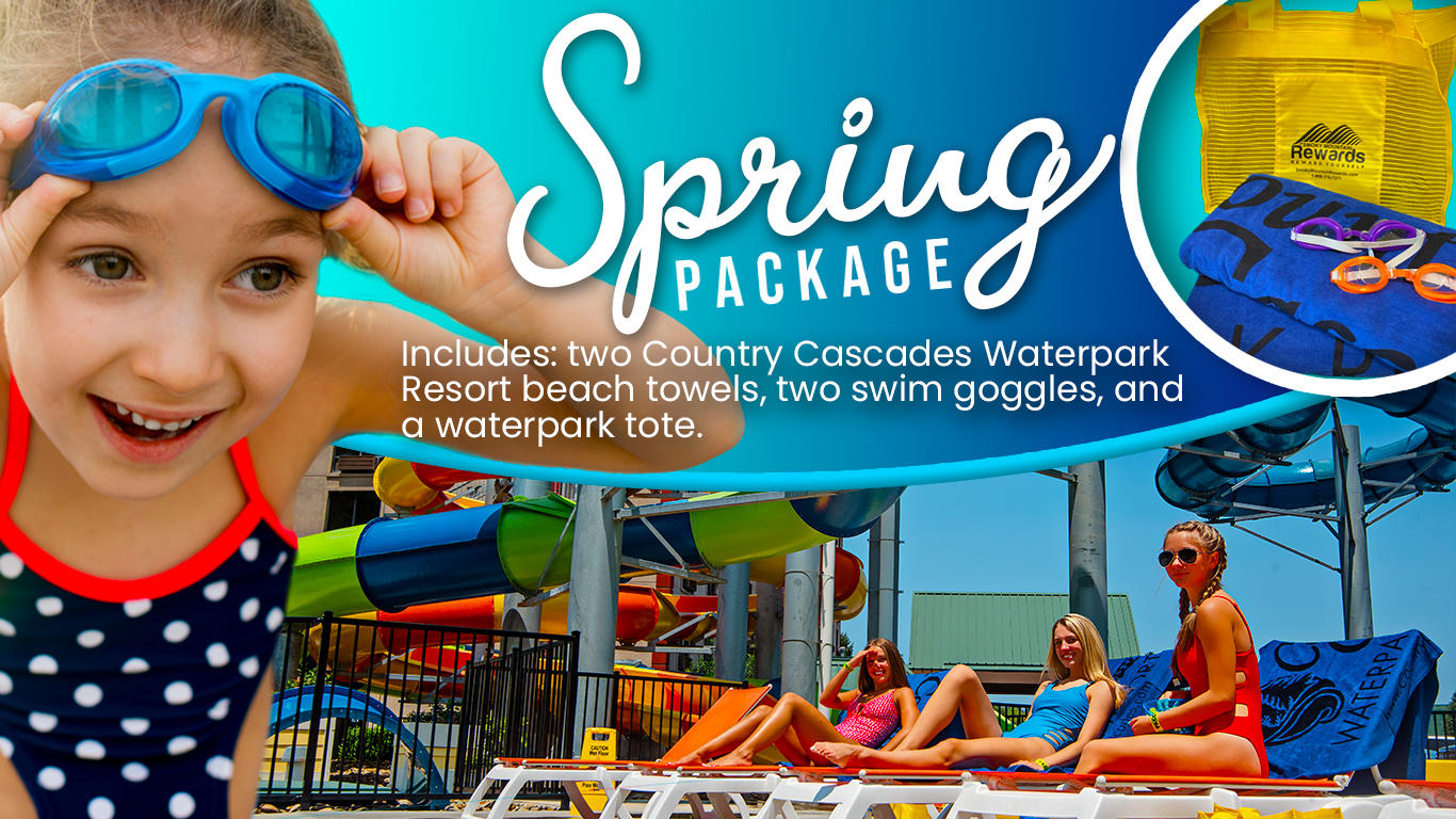 Includes: two Country Cascades Waterpark Resort beach towels, two swim goggles, and a waterpark tote.
